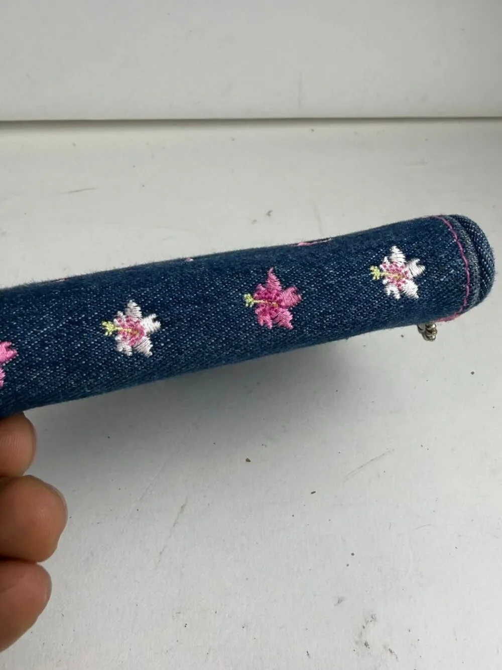 Sunny Hawaii Blue Denim Floral Embroidered Snap Zip Bifold Wallet Sun Charm
